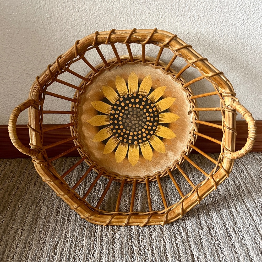 Vintage Hand-Painted Sunflower Rattan Basket Octogonal Woven Filipino Decor Boho